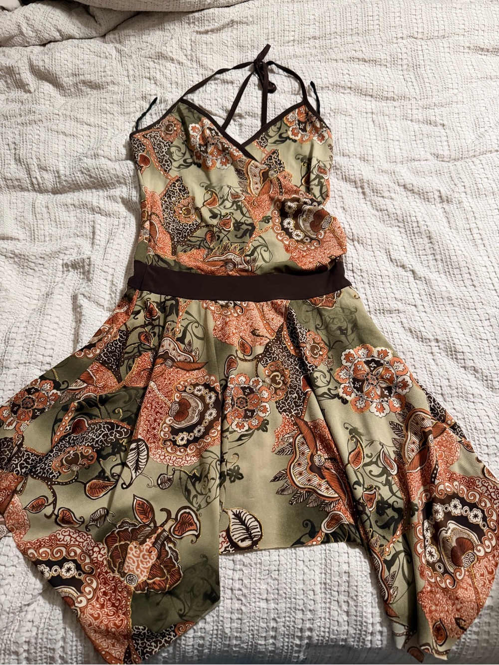 Joyce Leslie Olive and Rust Paisley Halter Dress